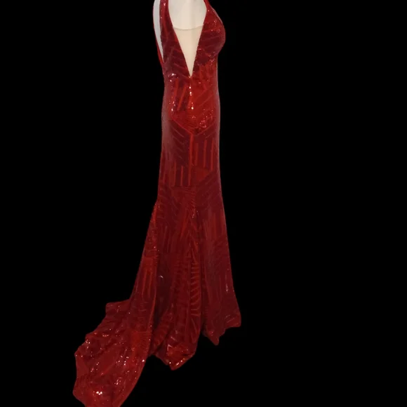 Glamorous Red Sequin Shiny V-Neck Mermaid Maxi Dress - Picture 11 of 13